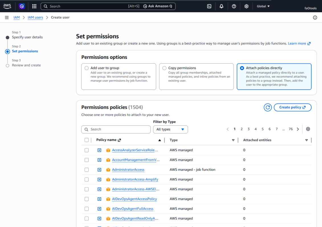 Set permissions and choose to attach policies directly to the Amazon S3 IAM user